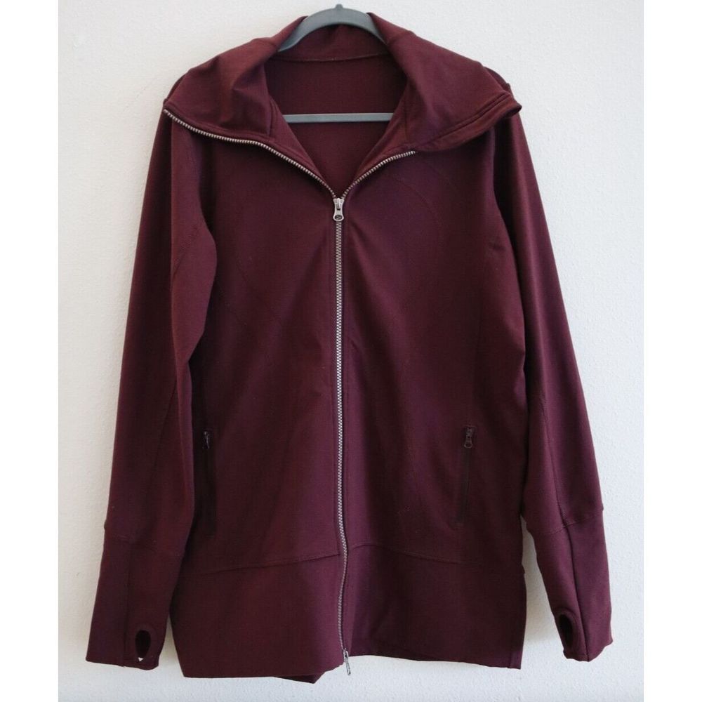 Lululemon Women's Sz 12 Burgundy Full Zip Mock Neck Hooded In Stride Jacket